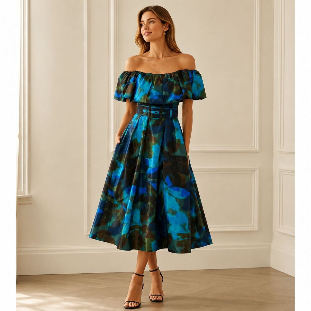 Rebecca Vallance Night Shade Midi Dress US 4 Blue Off Shoulder Belted Taffeta